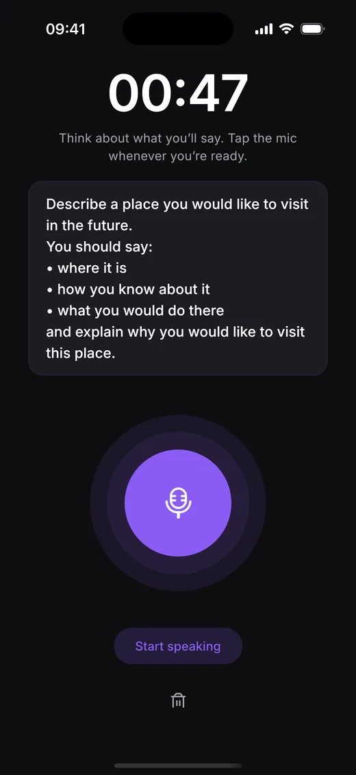 A Part 2 cue card with a one-minute preparation timer